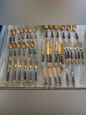 Vintage Thai Siam Bronze Teak Flatware Set Goddess Pattern Mid Century